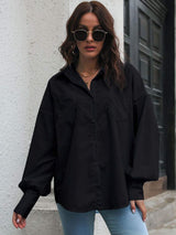 Button Up Dropped Shoulder Lantern Sleeve Shirt - Trendsi - Flyclothing LLC