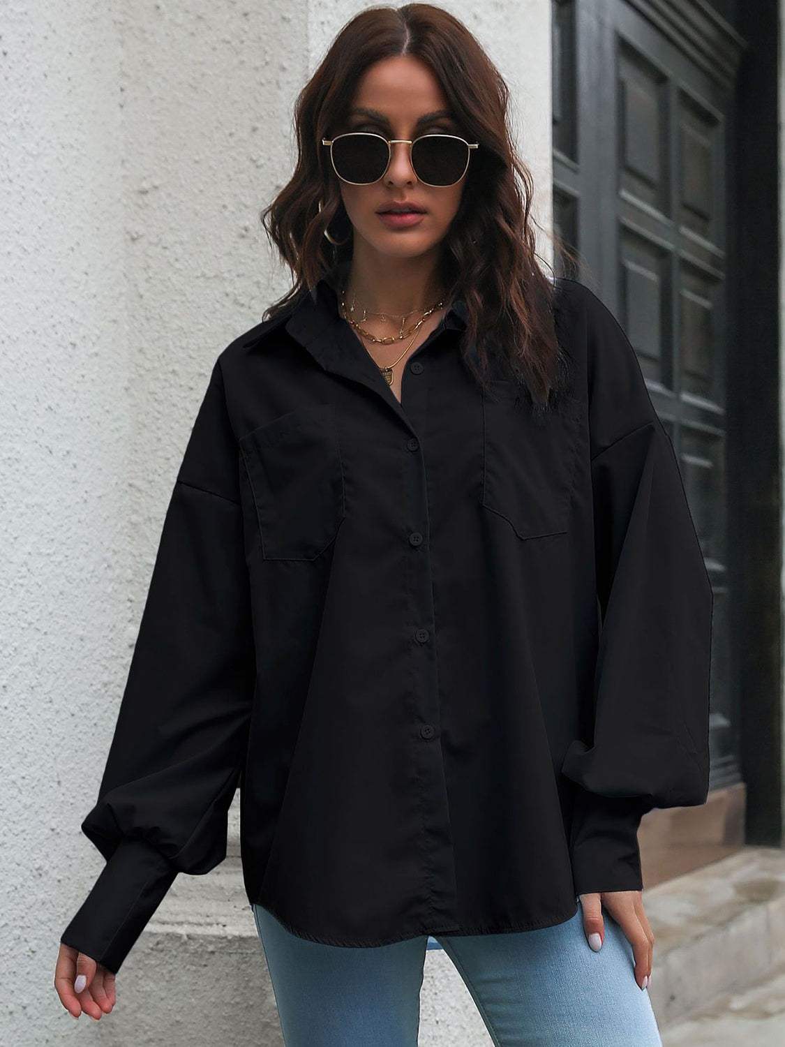 Button Up Dropped Shoulder Lantern Sleeve Shirt - Trendsi - Flyclothing LLC