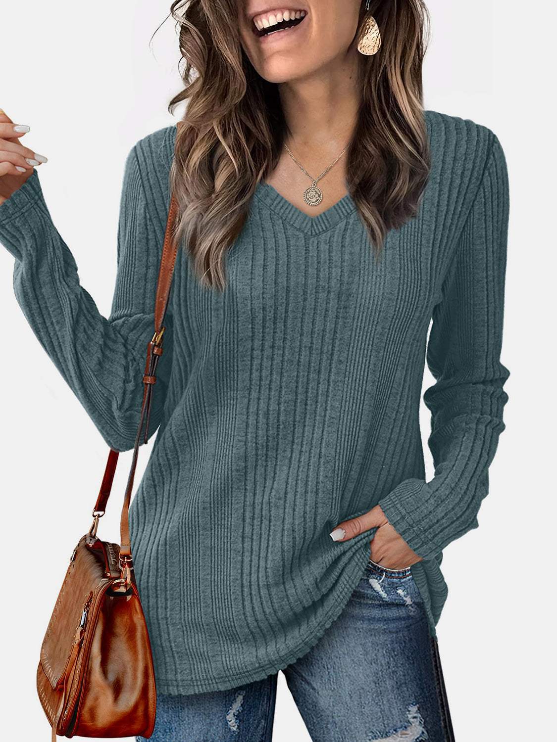 V-Neck Long Sleeve T-Shirt - Trendsi - Flyclothing LLC