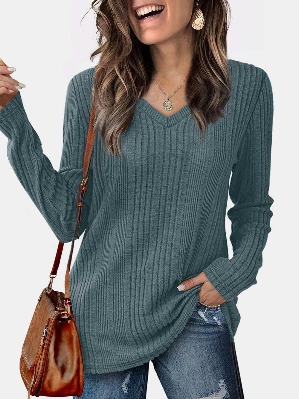 V-Neck Long Sleeve T-Shirt - Trendsi - Flyclothing LLC