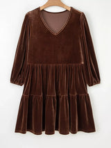 Solid Color Velvet V Neck Long Sleeve Tiered Mini Dress - Trendsi - Flyclothing LLC