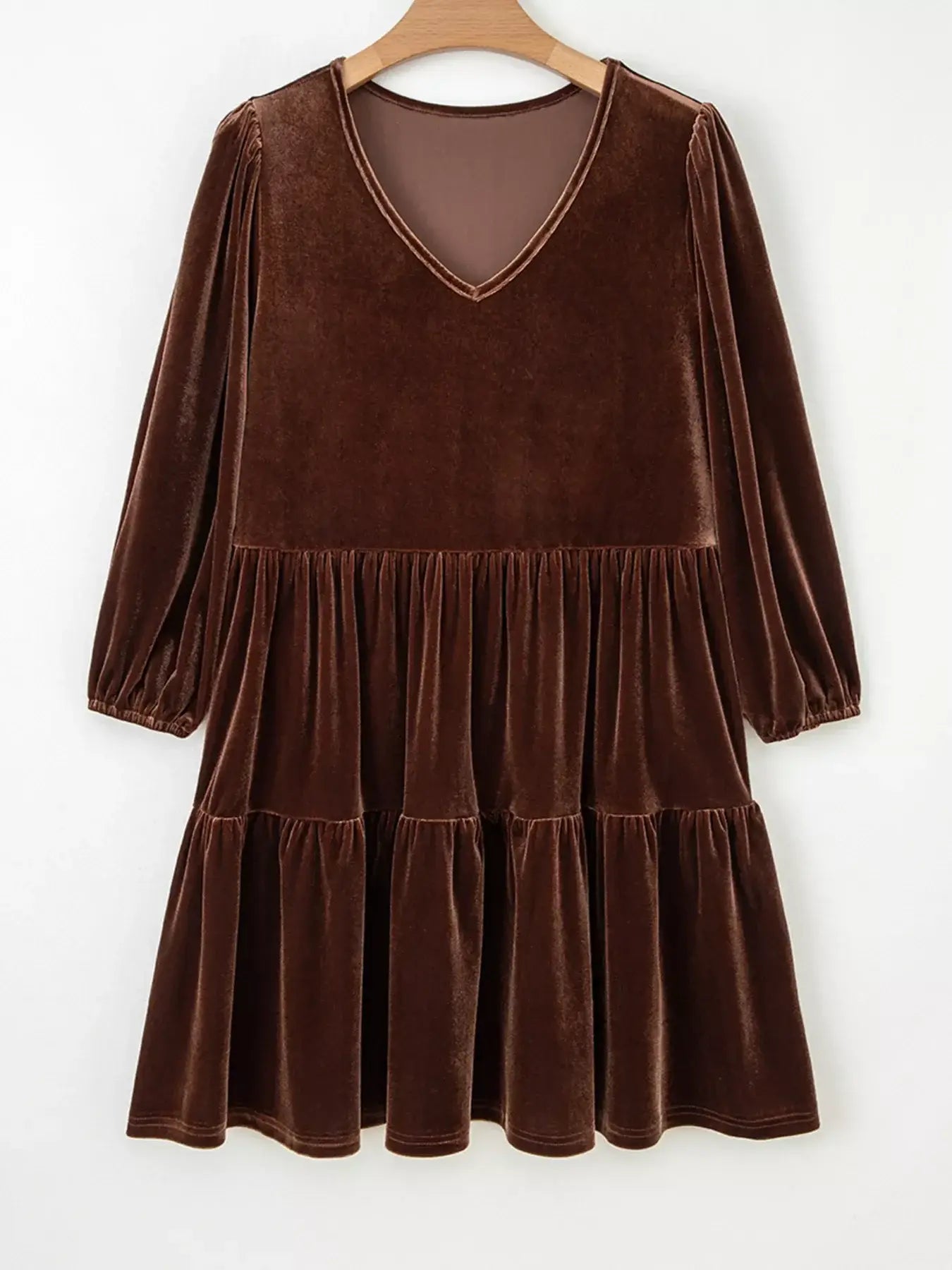 Solid Color Velvet V Neck Long Sleeve Tiered Mini Dress - Trendsi - Flyclothing LLC