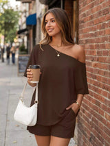 Full Size Boat Neck Tee and Shorts Set Plus Size - Trendsi - Flyclothing LLC