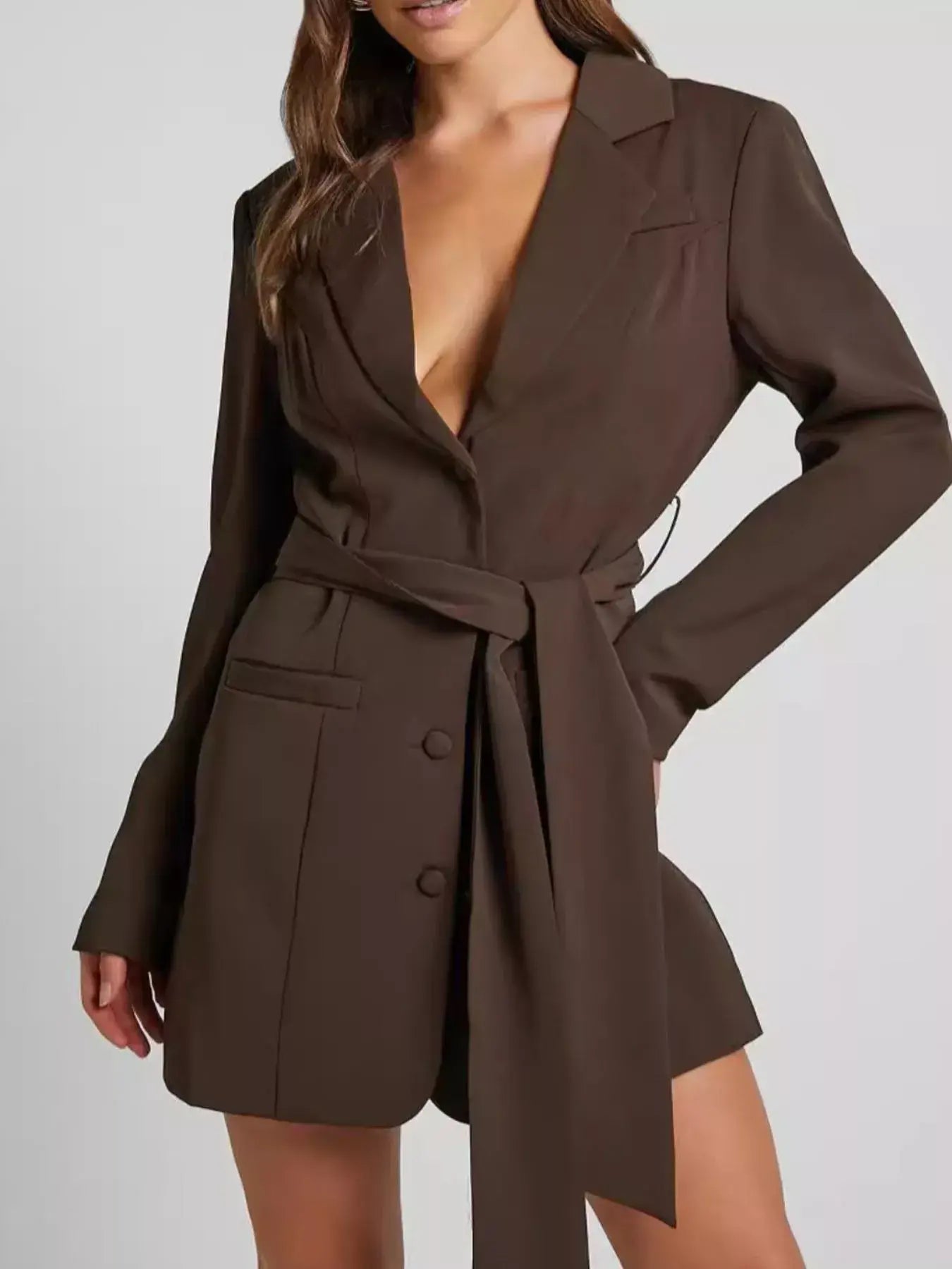 Lapel Collar Tie Waist Blazer - Trendsi - Flyclothing LLC