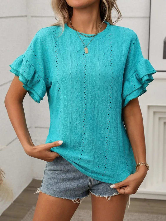 Eyelet Round Neck Flounce Sleeve Top - Trendsi - Flyclothing LLC