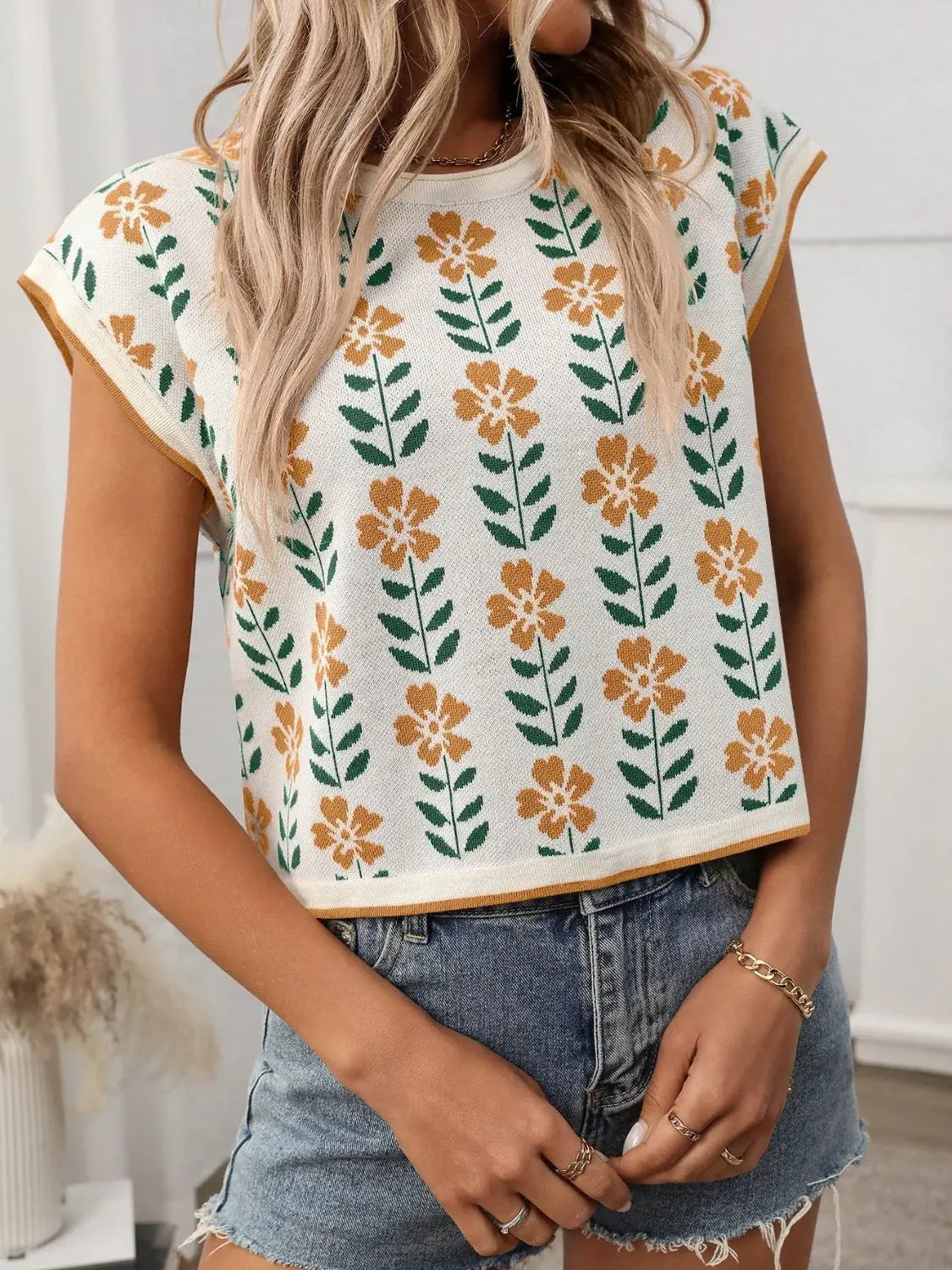 Flower Round Neck Short Sleeve Knit Top - Trendsi - Flyclothing LLC