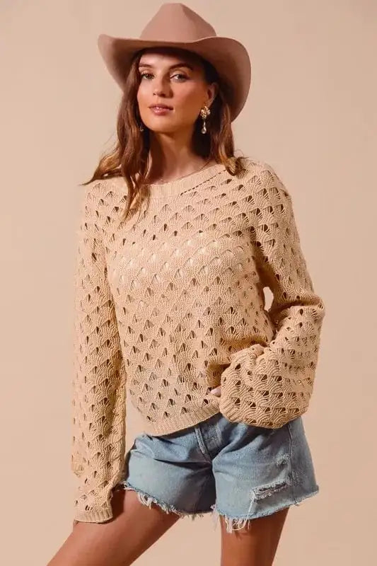 SO ME Geometric Pattern Open Knit Lightweight Sweater - Trendsi