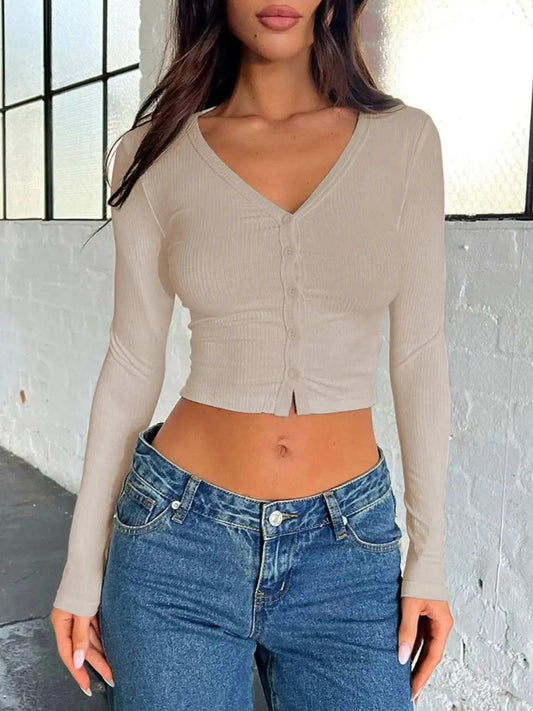 Buttoned V-Neck Long Sleeve T-Shirt - Trendsi - Flyclothing LLC