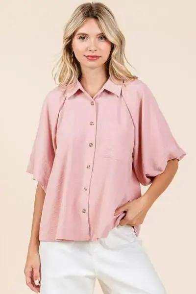 Mittoshop Airflow Short Bubble Sleeve Button Down Shirt - Trendsi - Flyclothing LLC