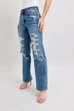 Judy Blue Full Size High Waist Heavy Destroy Straight Jeans Plus Size - Trendsi