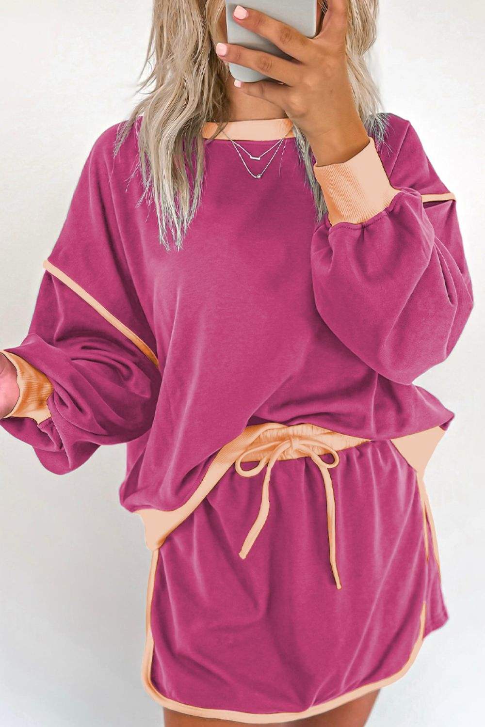 Contrast Trim Round Neck Top and Skort Set - Trendsi - Flyclothing LLC