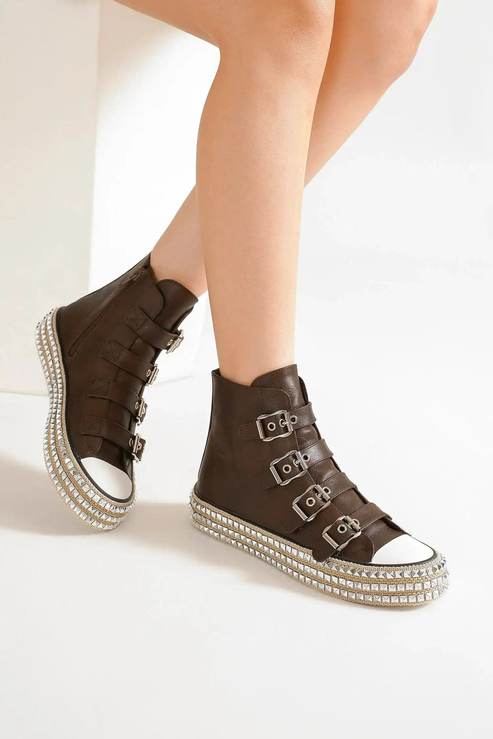 Beast Fashion Multi-Buckle Straps Studded Platform Sneakers - Trendsi