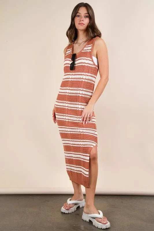 VERY J Stripe Knit Casual Sweater Midi Dress - Trendsi - Flyclothing LLC