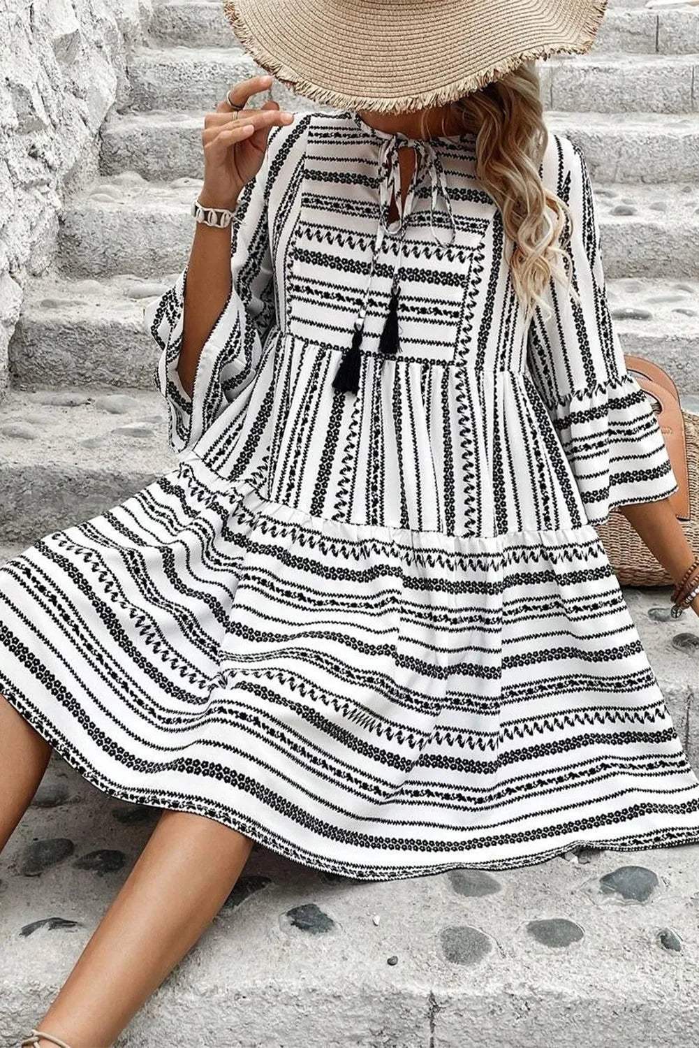 Printed Tie Neck Three-Quarter Sleeve Mini Dress - Trendsi - Flyclothing LLC
