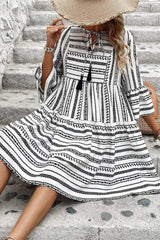 Printed Tie Neck Three-Quarter Sleeve Mini Dress - Trendsi - Flyclothing LLC