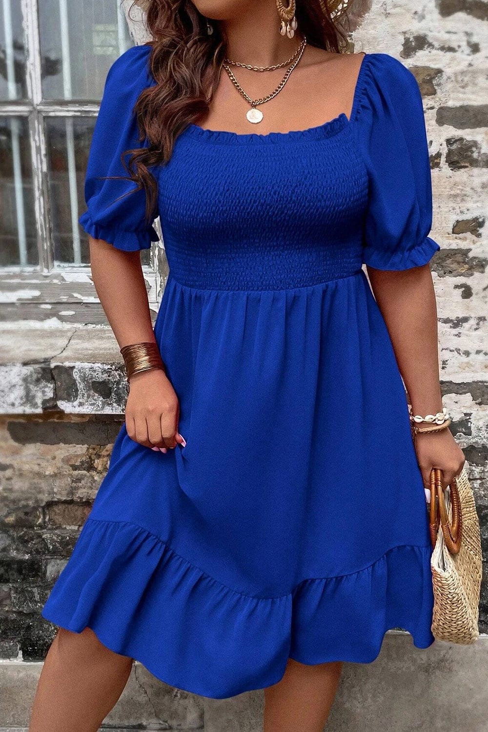 Plus Size Smocked Square Neck Short Sleeve Dress - Trendsi