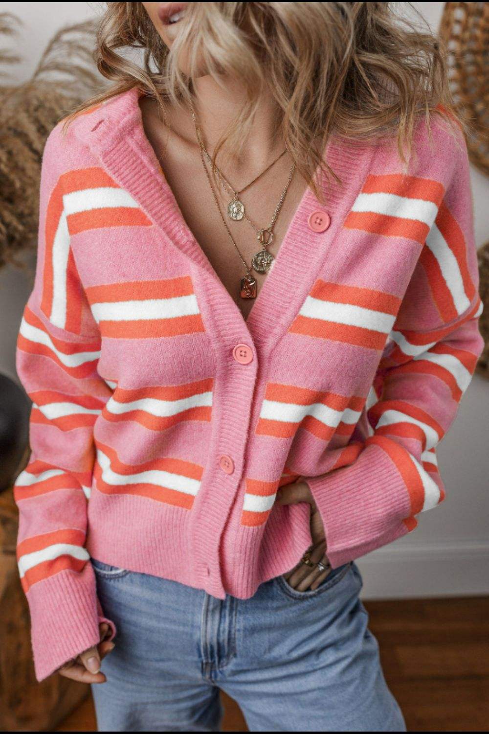 Striped Button Down Long Sleeve Cardigan - Trendsi - Flyclothing LLC