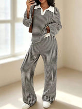 Striped Long Sleeve Polo and Wide-Leg Pants Set - Trendsi - Flyclothing LLC