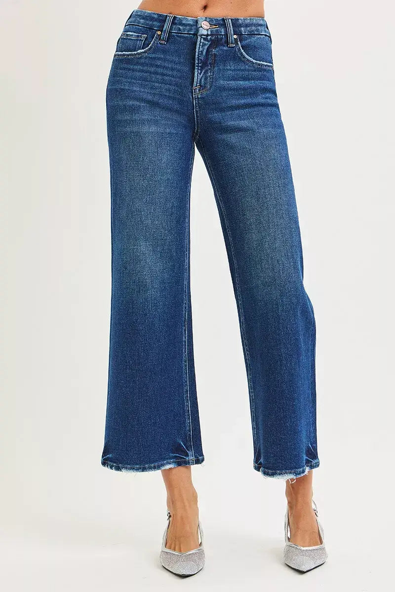 RISEN Tummy Control 4 Way Stretch High Rise Crop Wide Leg Jeans - Trendsi - Flyclothing LLC