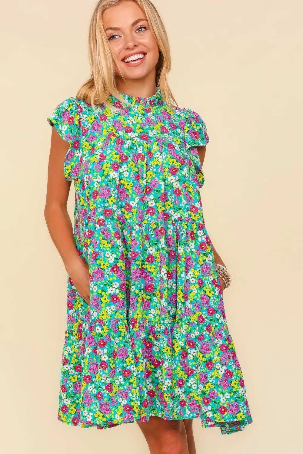 Haptics Frilled Mock Neck Ditsy Floral Dress - Trendsi - Flyclothing LLC