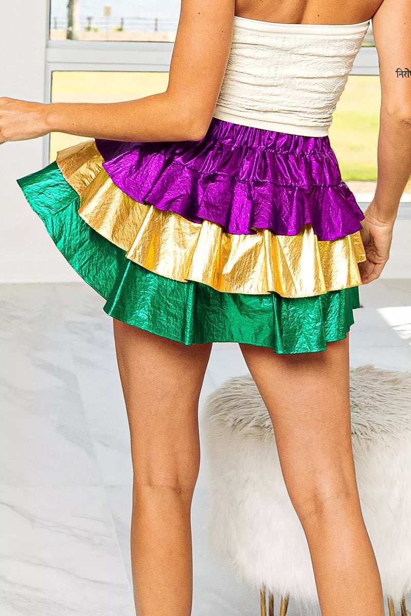 BiBi Mardi Gras Color Block Metallic Tiered Skirt - Trendsi - Flyclothing LLC