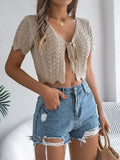 Tied Openwork Short Sleeve Cardigan - Trendsi