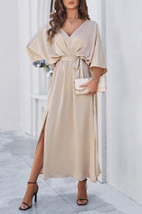 Slit Tied V-Neck Three-Quarter Sleeve Dress - Trendsi - Flyclothing LLC