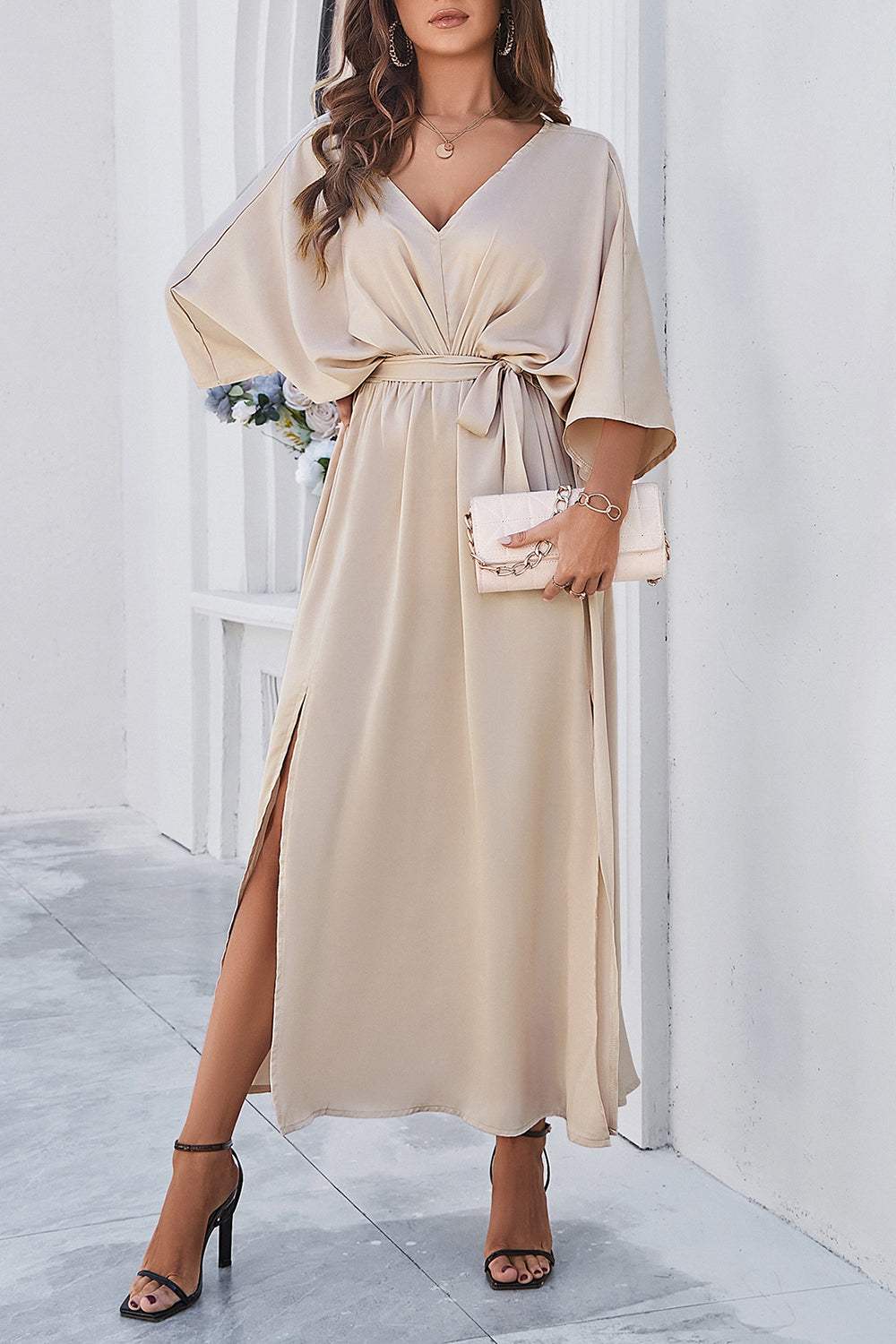 Slit Tied V-Neck Three-Quarter Sleeve Dress - Trendsi - Flyclothing LLC