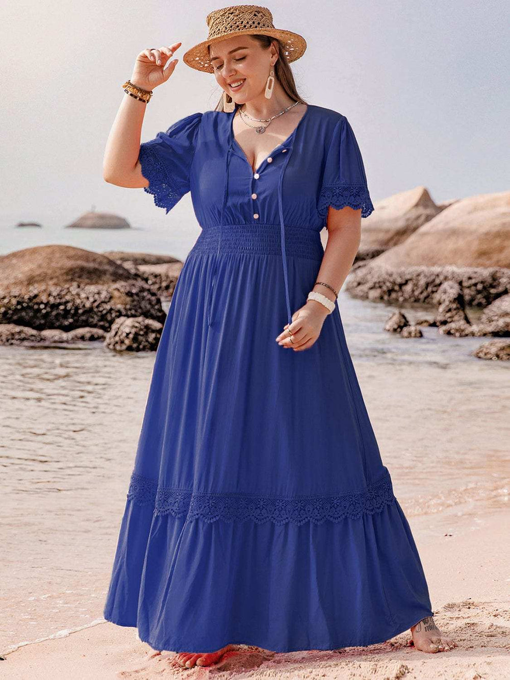 Plus Size Lace Detail Tie Neck Short Sleeve Maxi Dress - Trendsi - Flyclothing LLC