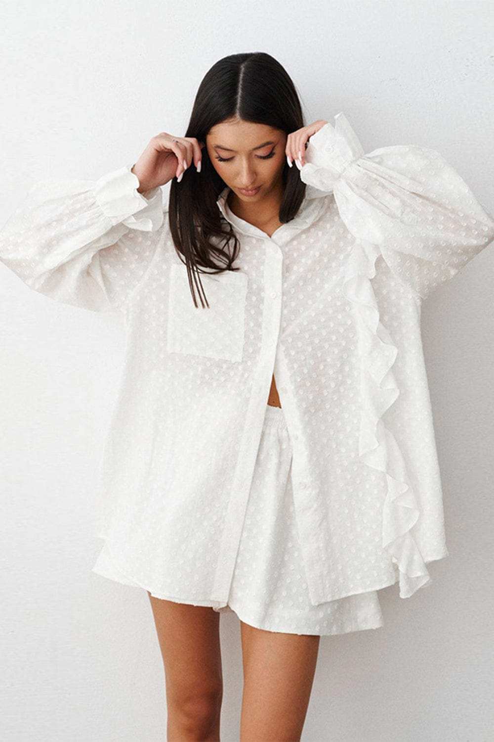Ruffled Dot Applique Collared Neck Top and Shorts Set - Trendsi - Flyclothing LLC