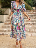 Printed Puff Sleeve Midi Dress - Trendsi