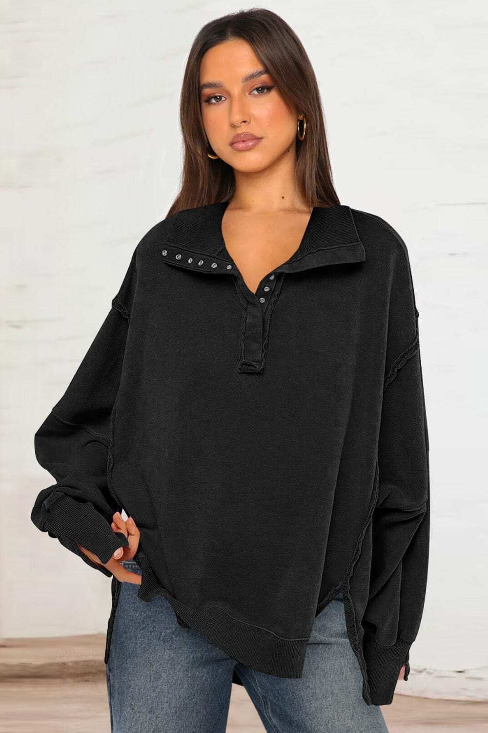Exposed Seam Side Slit Long Sleeve Sweatshirt - Trendsi - Flyclothing LLC
