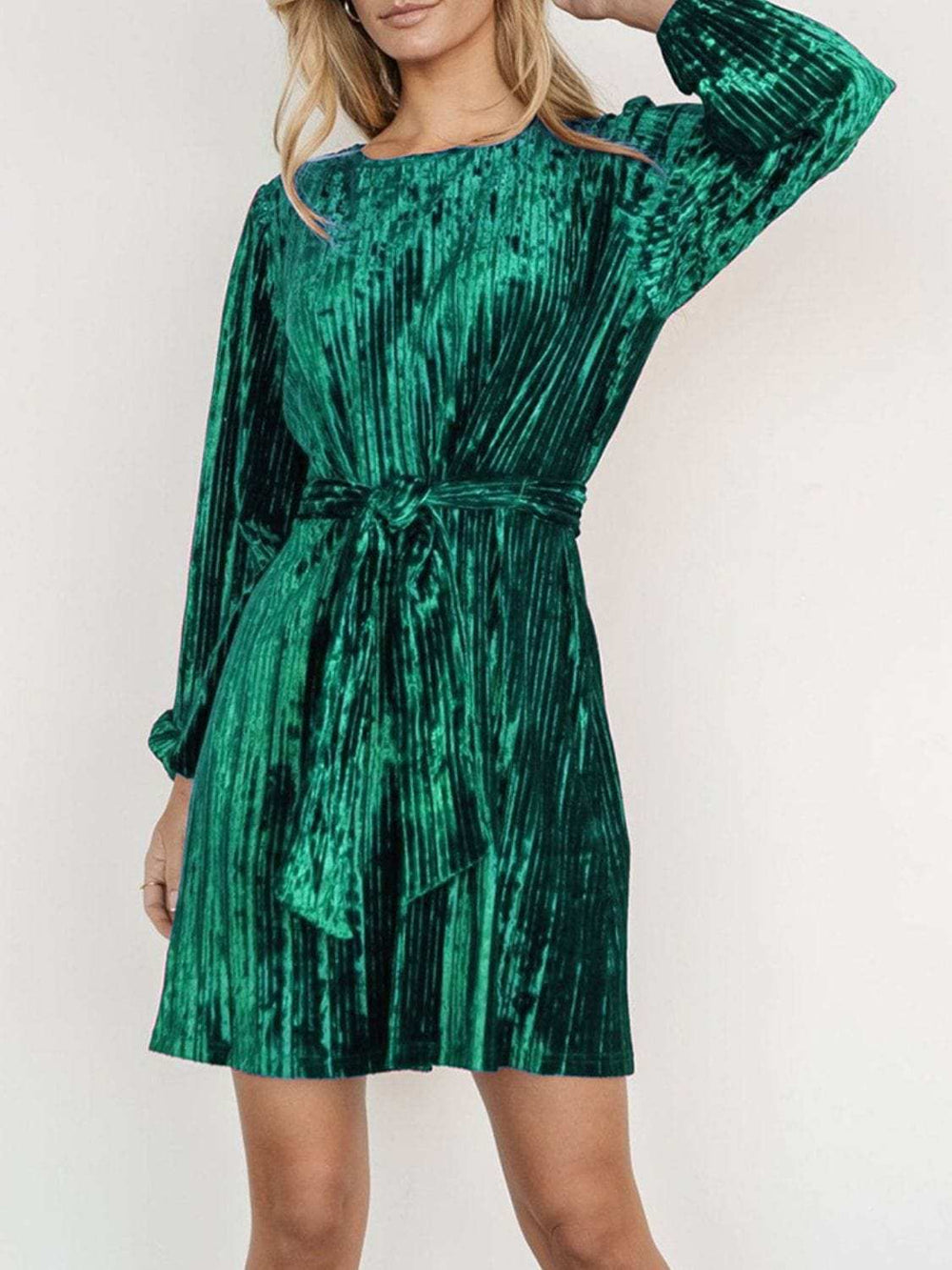 Velvet Round Neck Tie Waist Long Sleeve Mini Dress - Trendsi - Flyclothing LLC