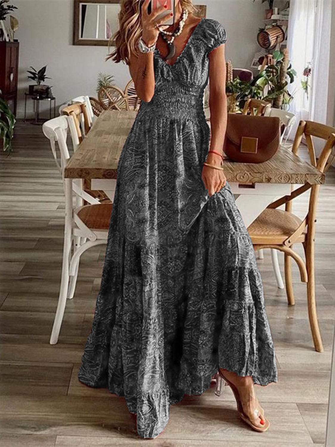 Full Size Smocked Printed V-Neck Short Sleeve Dress - Trendsi - Flyclothing LLC