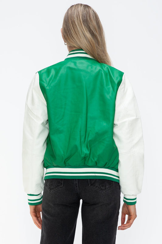 Love Me Now PU Leather Contrast Snap Down Bomber Jacket - Trendsi