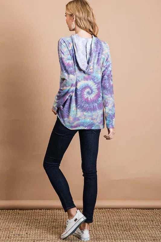 BiBi Brushed Circular Tie Dye Print Terry Hoodie - Trendsi - Flyclothing LLC