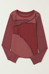 Exposed Seam Contrast Round Neck Long Sleeve T-Shirt - Trendsi - Flyclothing LLC
