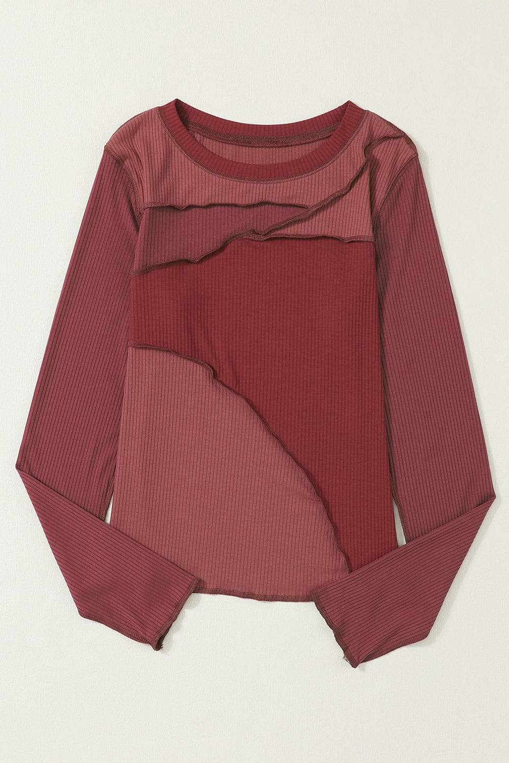 Exposed Seam Contrast Round Neck Long Sleeve T-Shirt - Trendsi - Flyclothing LLC