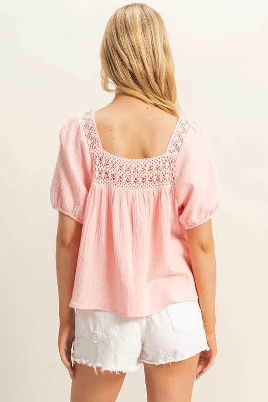 HYFVE Crochet Detail Puff Sleeve Peasant Top - Trendsi - Flyclothing LLC