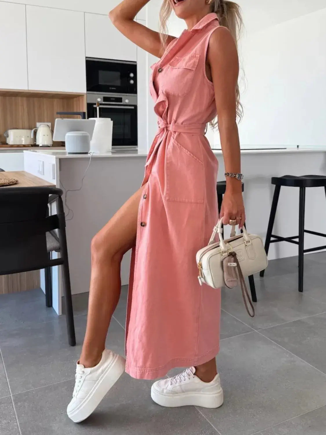 Button Front Sleeveless Denim Dress - Trendsi - Flyclothing LLC