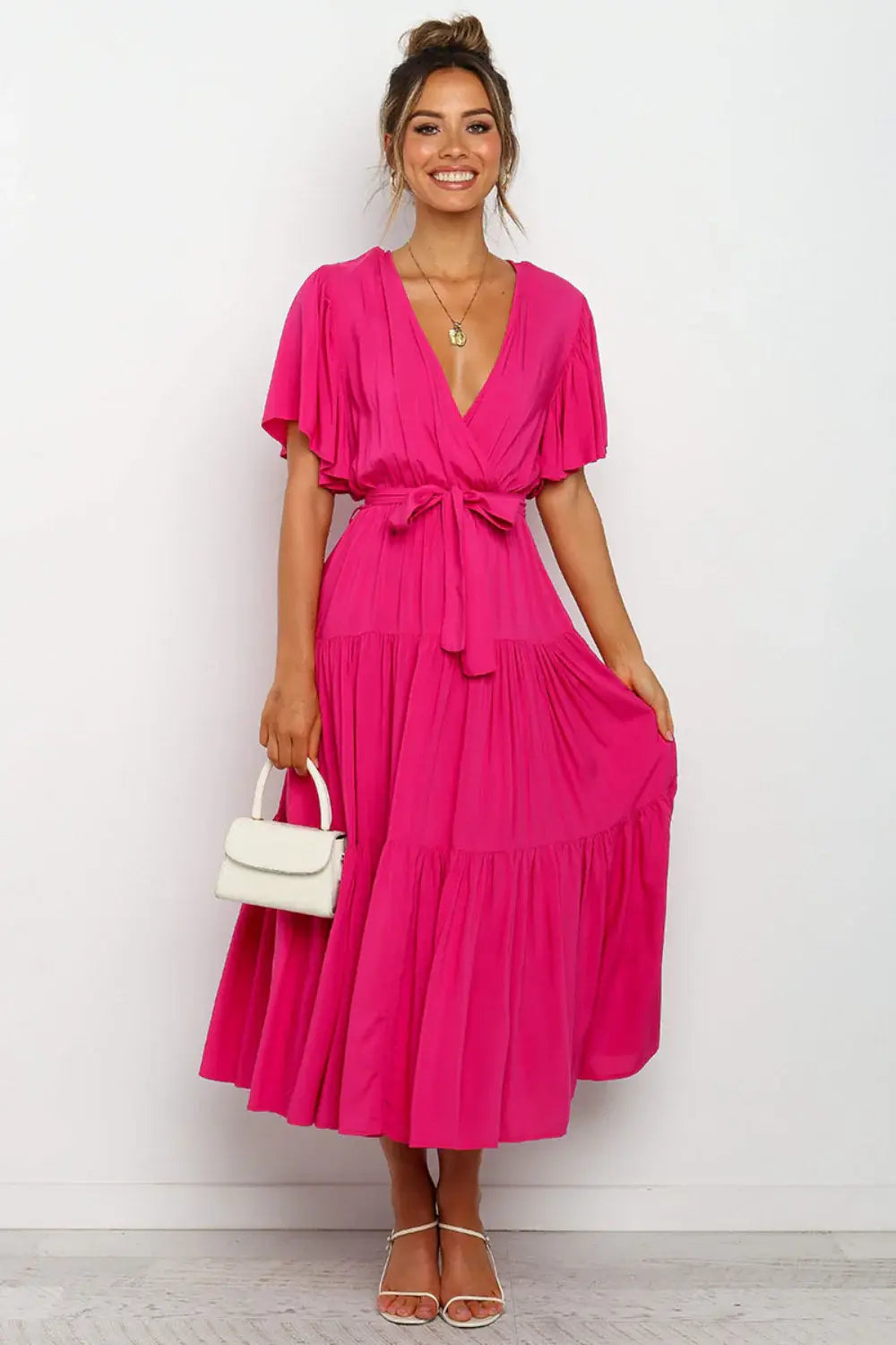 Tied Tiered Short Sleeve Midi Dress - Trendsi - Flyclothing LLC
