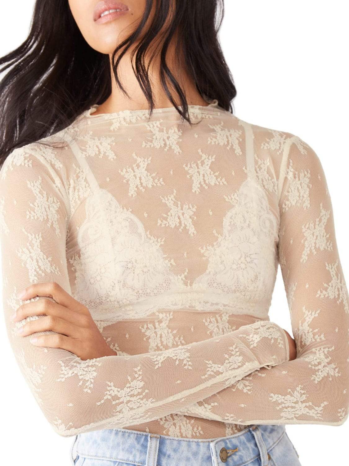 Lace Mock Neck Long Sleeve Blouse - Trendsi - Flyclothing LLC