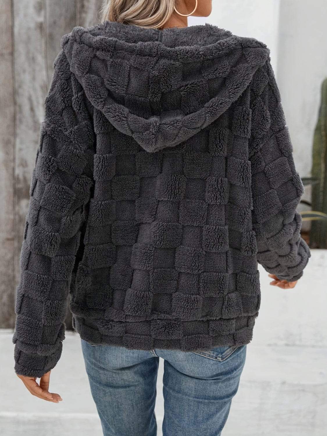 Checkered Texture Zip Up Drawstring Fuzzy Jacket - Trendsi - Flyclothing LLC