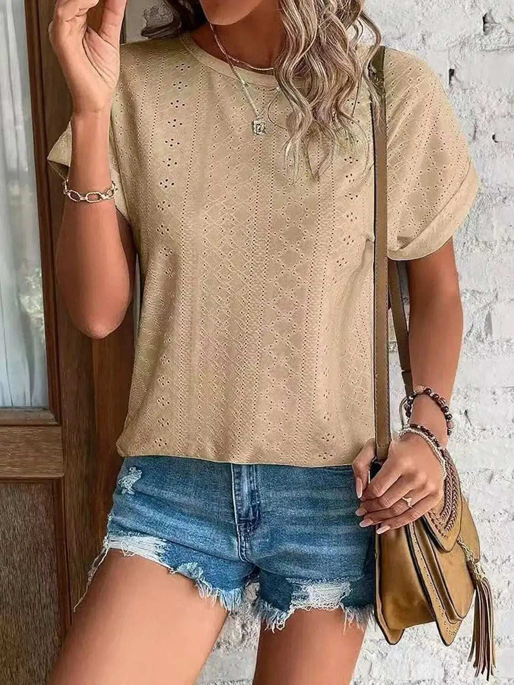 Eyelet Round Neck Short Sleeve T-Shirt - Trendsi - Flyclothing LLC