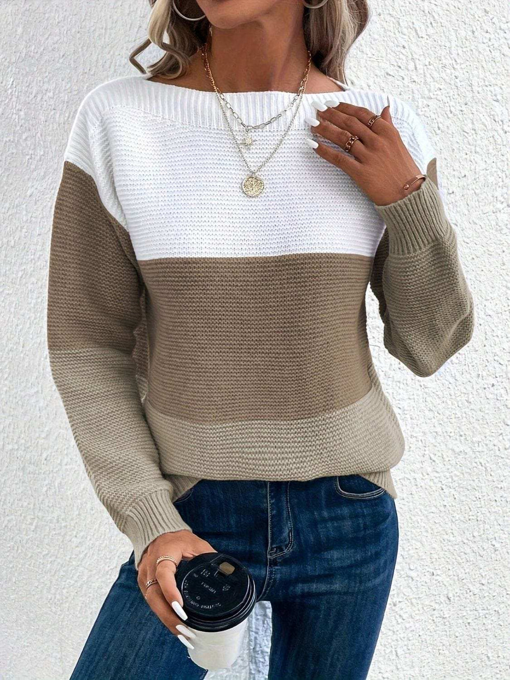Color Block Boat Neck Sweater - Trendsi - Flyclothing LLC