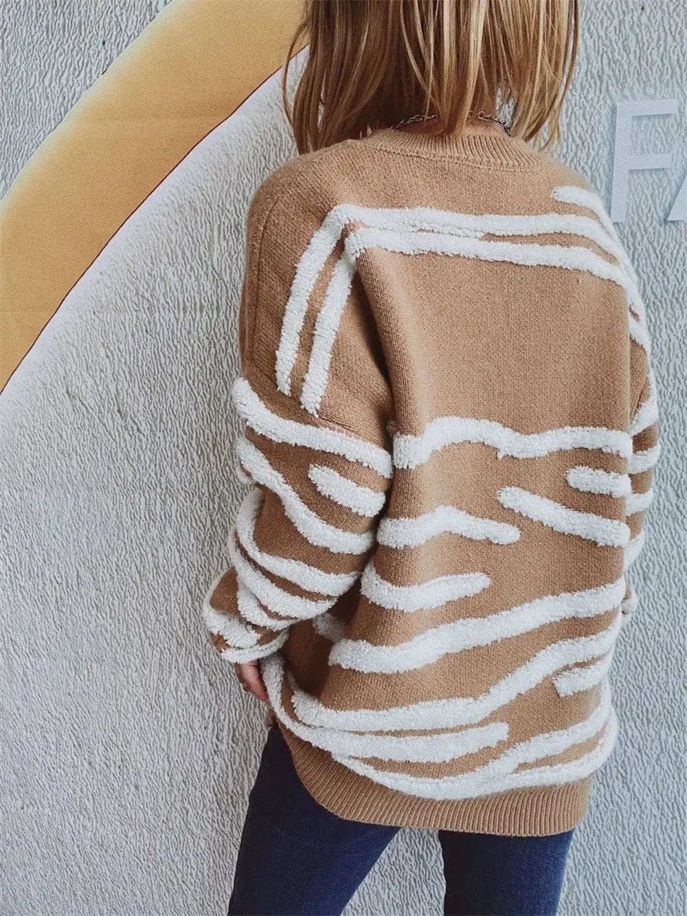 Contrast Round Neck Long Sleeve Sweater - Trendsi - Flyclothing LLC