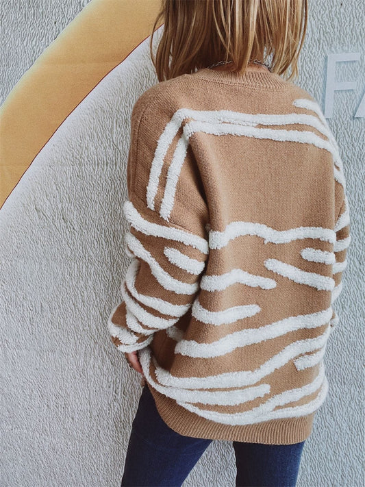 Contrast Round Neck Long Sleeve Sweater - Trendsi