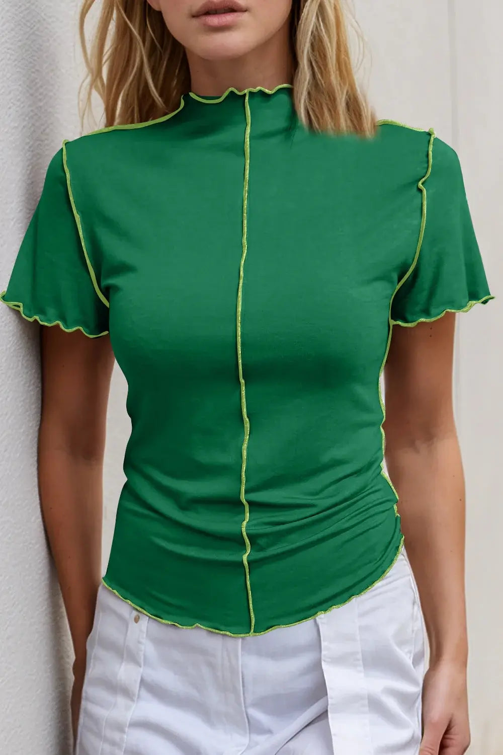 Basic Bae Contrast Trim Mock Neck Short Sleeve T-Shirt - ShopBasicbae - Flyclothing LLC