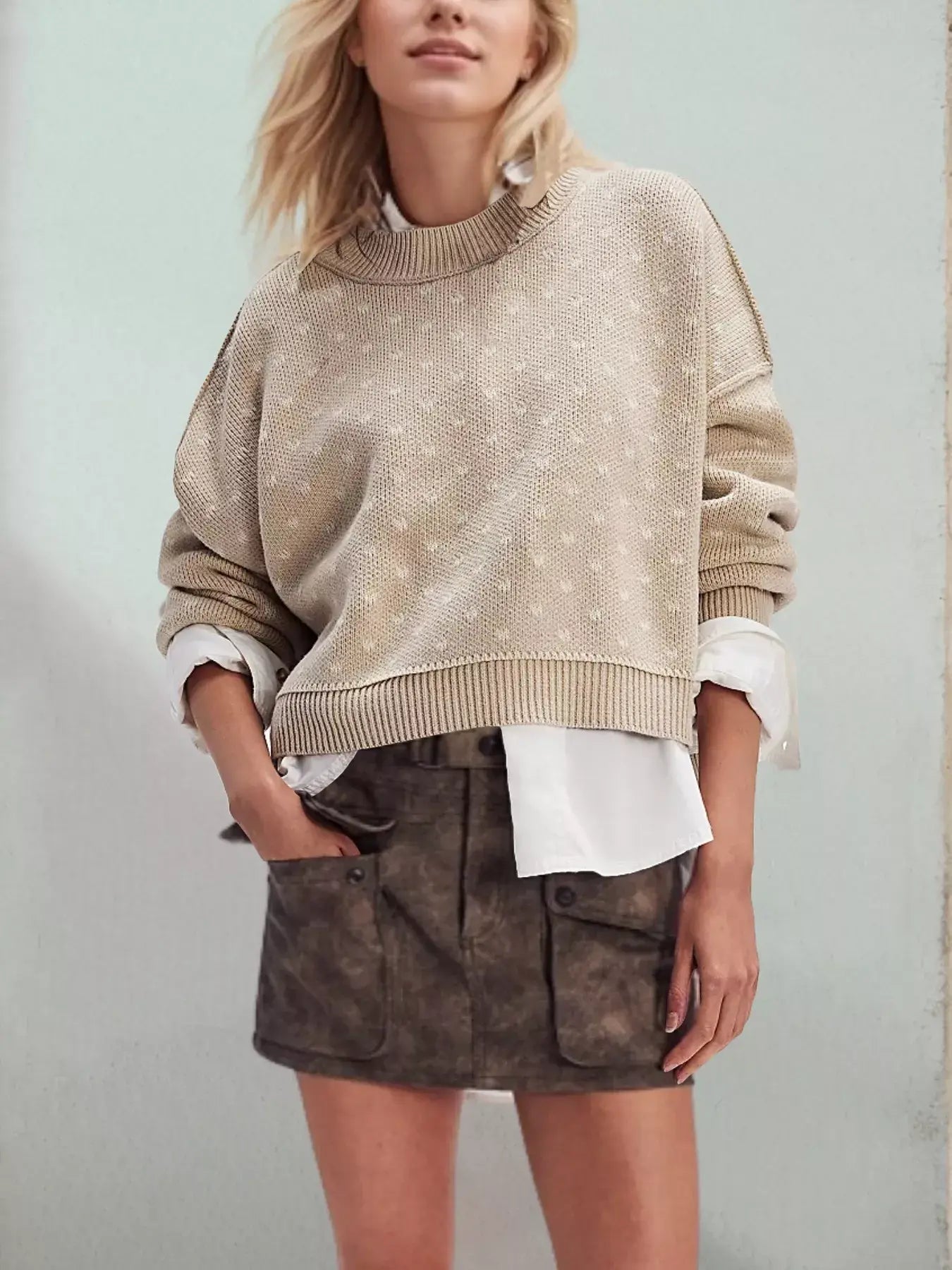 Heart-Patterned Round Neck Sweater - Trendsi - Flyclothing LLC