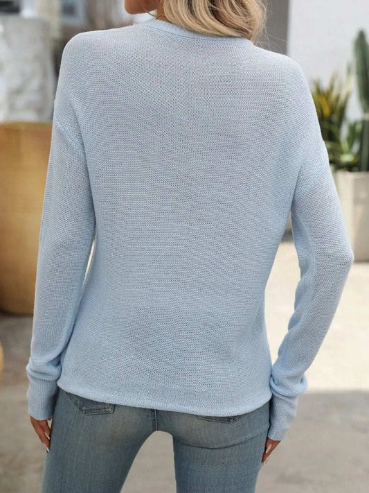 Round Neck Dropped Shoulder Knit Top - Trendsi - Flyclothing LLC